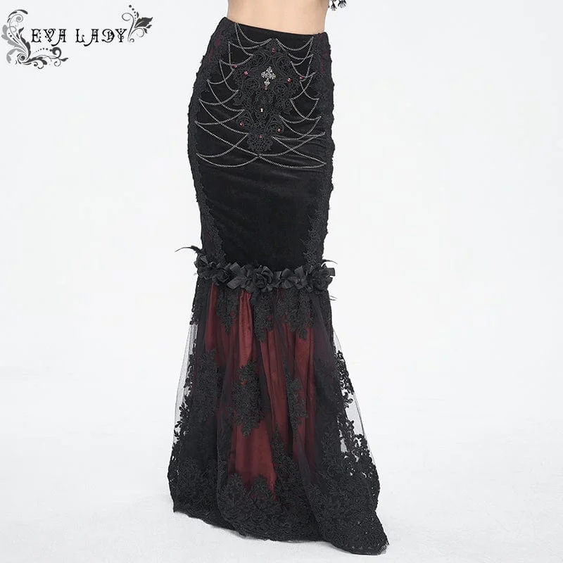 Women's Gothic Floral Embroidered Lace Splice Red Fishtail Skirt