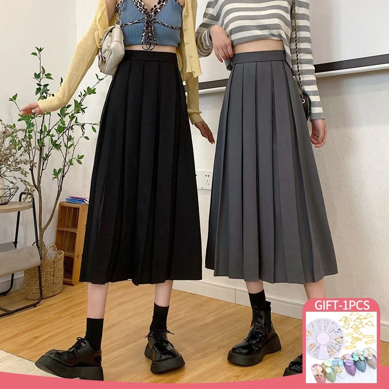 Fashion Long Skirt High Waist A Line Elastic Waist Pleated Skirt Elegant Black Coffee Solid Color Maxi Skirt for Women Girl leather skirt modern
