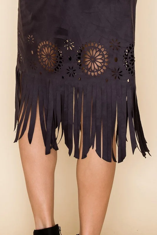 Vocal Faux Suede Laser Cut Midi Skirt wool skirt sturdy