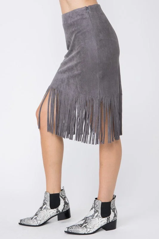 Vocal Faux Suede Fringe Skirt silk skirt lustrous
