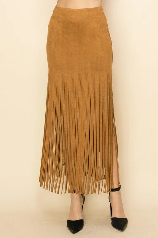 Vocal Faux Suede Long Fringe Maxi Skirt corduroy skirt durable