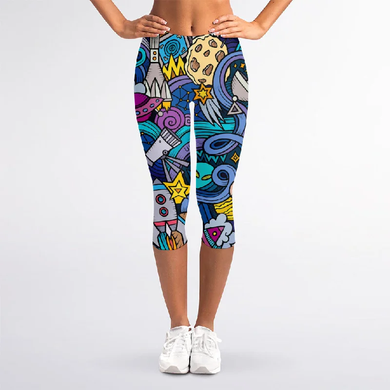 Abstract Cartoon Galaxy Space Print Women's Capri Leggings Trendy Activewear Leggings Abstract Cartoon Galaxy Space Print Women's Capri Leggings Trendy Activewear Leggings