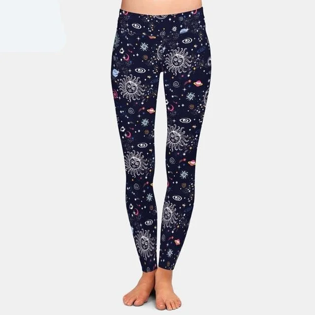 Beautiful Galaxy Solar System Printed Leggings Cozy Mid-Rise Workout Leggings