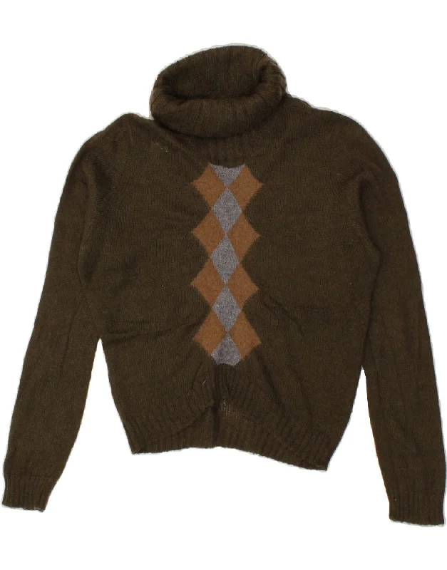 BENETTON Womens Roll Neck Jumper Sweater UK 12 Medium Khaki Argyle/Diamond Neon Metallic Matte BENETTON Womens Roll Neck Jumper Sweater UK 12 Medium Khaki Argyle/Diamond Neon Metallic Matte