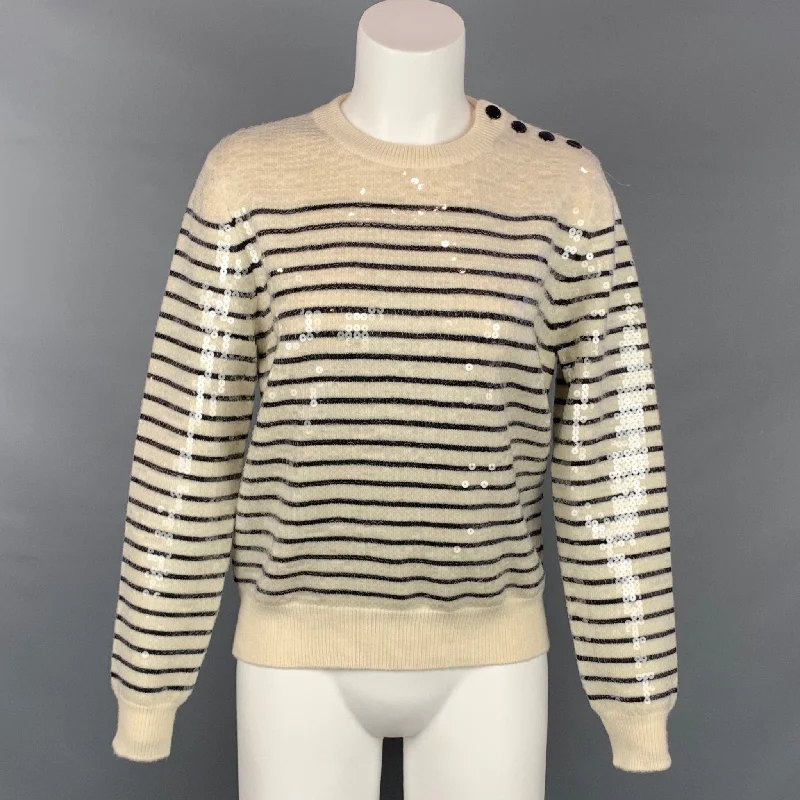 CELINE Size S Cream Sequined Striped Wool Marin Sweater