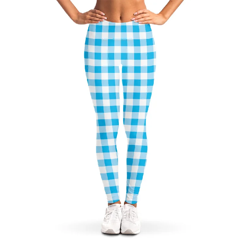 Cyan Blue And White Gingham Print Women's Leggings Fashionable Plus-Size Activewear