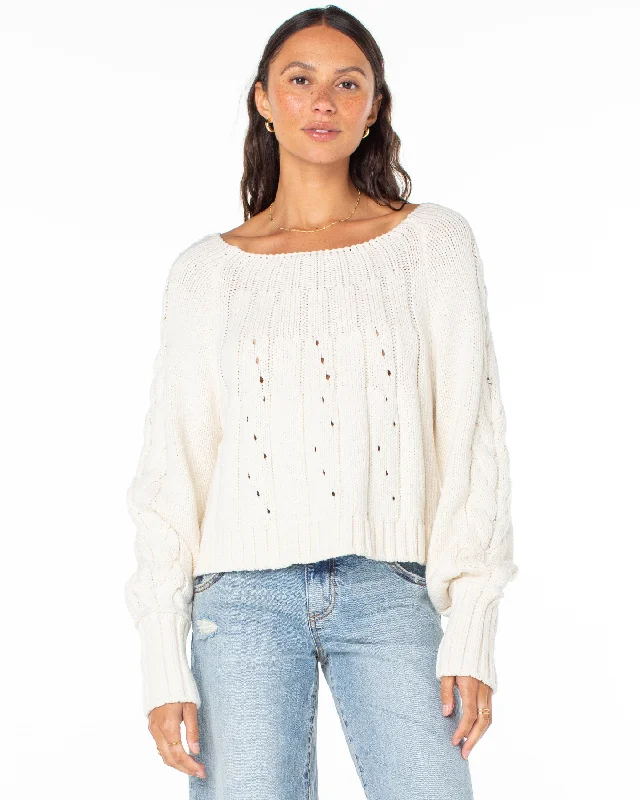 Day Dream Boat Neck Sweater - Egret Houndstooth Herringbone Solid