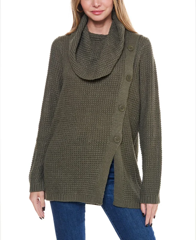 Fever Womens Waffle Knit Cowl Neck Sweater With Buttons Elasticated Padded Insulated Fever Womens Waffle Knit Cowl Neck Sweater With Buttons Elasticated Padded Insulated