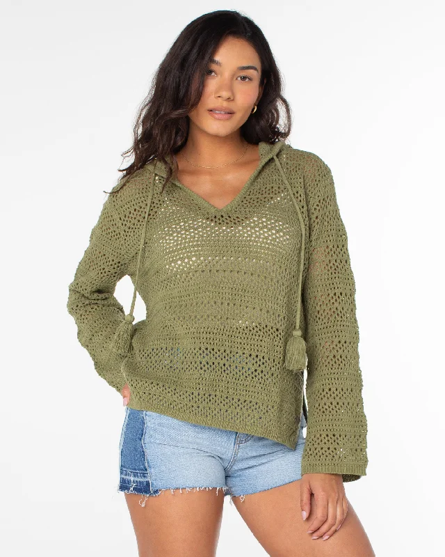 Hippie Love Open Knit Hooded Sweater - Oil Green Satin Blend Silk Blend Wool Blend