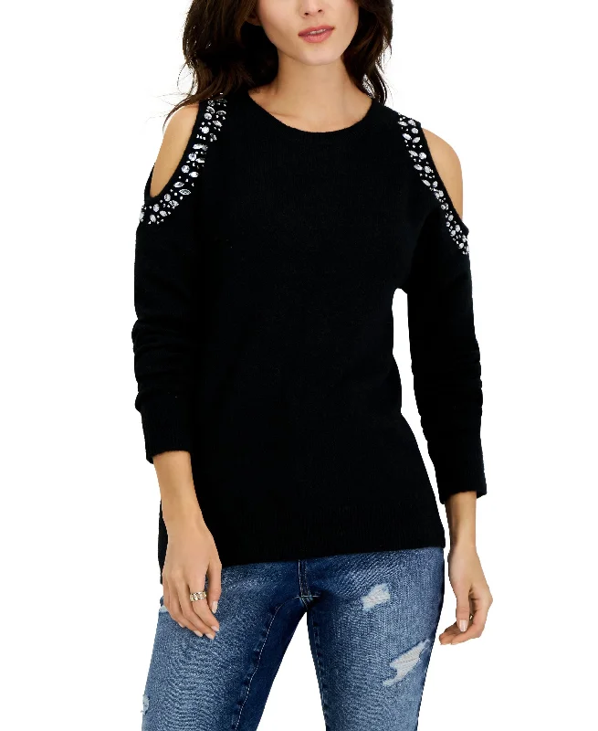INC International Concepts Womens Jewel Studded Cold Shoulder Sweater Print Jacquard Patchwork INC International Concepts Womens Jewel Studded Cold Shoulder Sweater Print Jacquard Patchwork