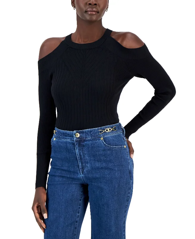 INC International Concepts Womens Ribbed Cold Shoulder Sweater Glossy Satin Silk