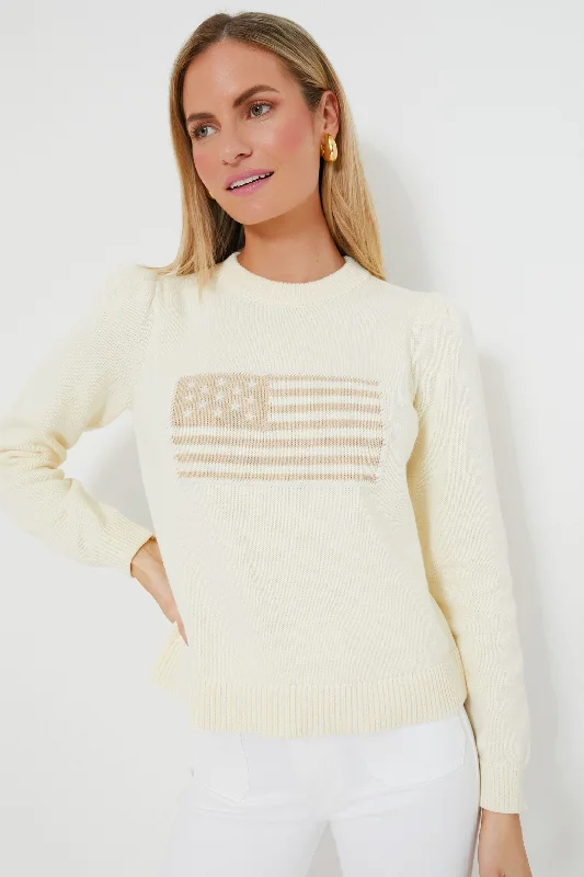 Ivory and Sandstone Cropped Puff Sleeve Americana Sweater