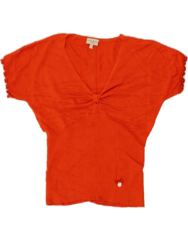 KAREN MILLEN Womens Short Sleeve V-Neck Jumper Sweater UK 8 Small Orange Chenille Brocade Lace KAREN MILLEN Womens Short Sleeve V-Neck Jumper Sweater UK 8 Small Orange Chenille Brocade Lace