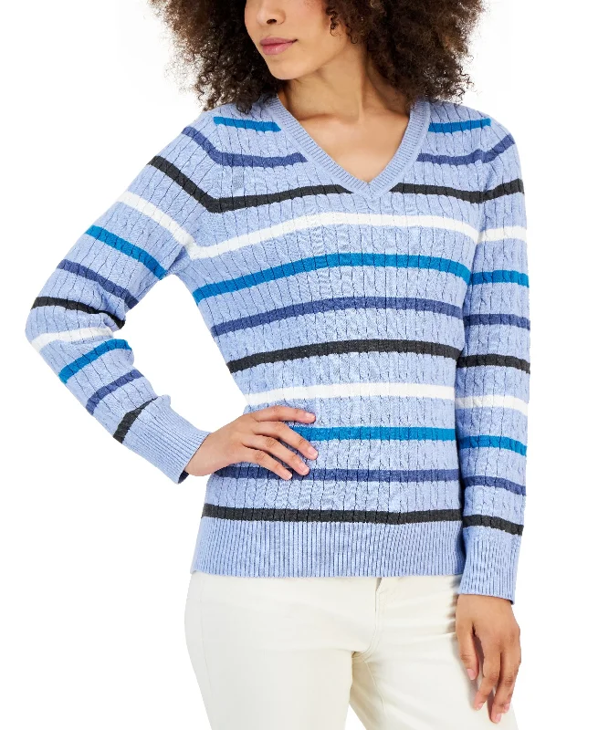 Karen Scott Womens Allston Cotton Striped Cable Sweater Spandex Blend Rayon Blend Denim Blend Karen Scott Womens Allston Cotton Striped Cable Sweater Spandex Blend Rayon Blend Denim Blend