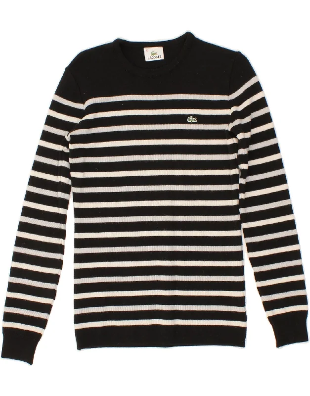 LACOSTE Womens Crew Neck Jumper Sweater Size 40 Medium Black Striped Glossy Satin Silk LACOSTE Womens Crew Neck Jumper Sweater Size 40 Medium Black Striped Glossy Satin Silk