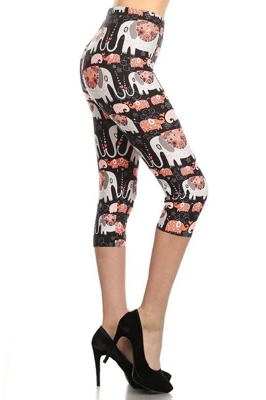 Elephants Printed, High Waisted Capri Leggings In A Fitted Style With An Elastic Waistband Cozy Warmth Leggings Elephants Printed, High Waisted Capri Leggings In A Fitted Style With An Elastic Waistband Cozy Warmth Leggings