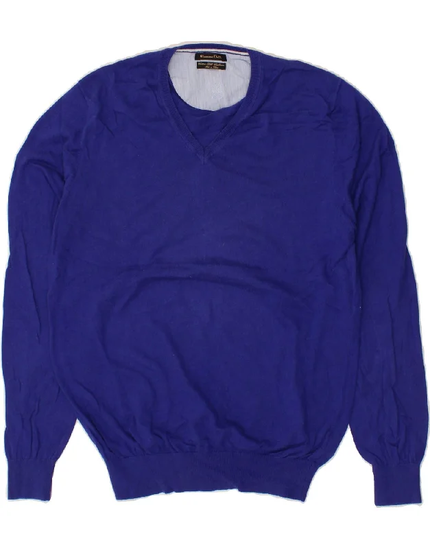 MASSIMO DUTTI Womens V-Neck Jumper Sweater UK 14 Large Blue Cotton Silk Blend Satin Velvet MASSIMO DUTTI Womens V-Neck Jumper Sweater UK 14 Large Blue Cotton Silk Blend Satin Velvet