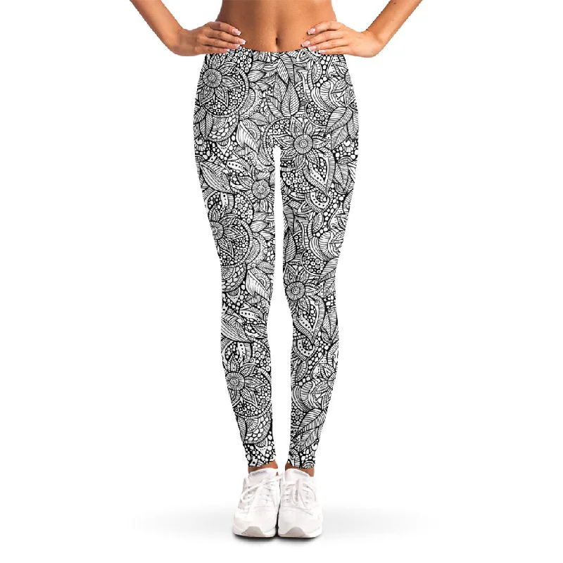 Monochrome Zentangle Pattern Print Women's Leggings Fashionable Floral Active Leggings Monochrome Zentangle Pattern Print Women's Leggings Fashionable Floral Active Leggings