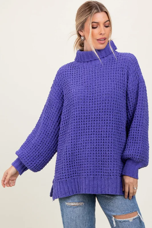 Periwinkle Chunky Waffle Knit Turtleneck Sweater Neon Metallic Matte