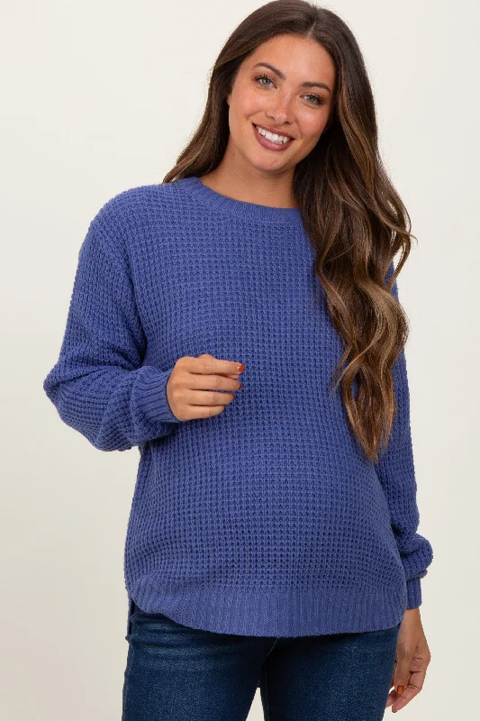 Periwinkle Waffle Knit Rounded Hem Maternity Sweater Sequined Glittery Shiny