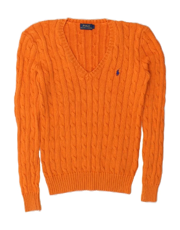 POLO RALPH LAUREN Womens V-Neck Jumper Sweater UK 10 Small Orange Cotton Striped Floral Plaid POLO RALPH LAUREN Womens V-Neck Jumper Sweater UK 10 Small Orange Cotton Striped Floral Plaid
