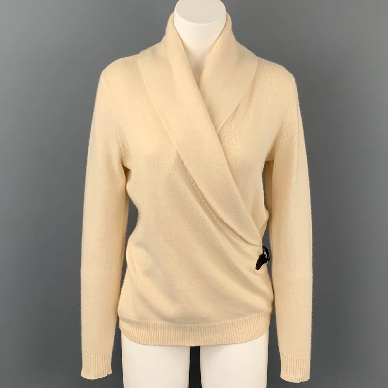 RALPH LAUREN Black Label Size S Cream Cashmere Blend Leather Trim Sweater