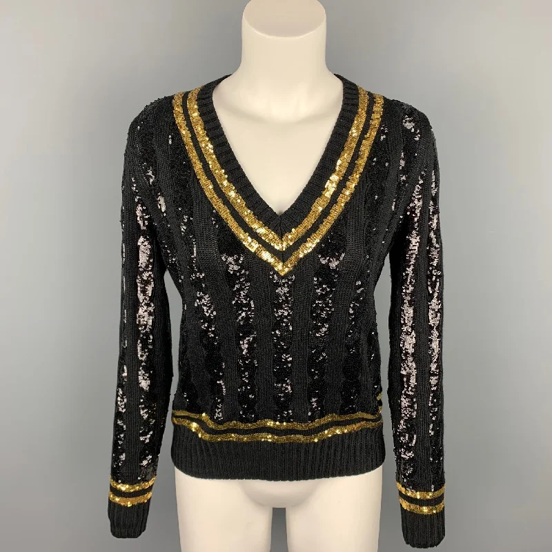 RALPH LAUREN Collection Size M Black & Gold Sequined Striped Silk Sweater