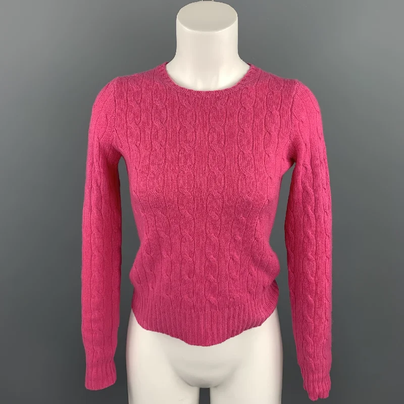 RALPH LAUREN Size S Fuchsia Cable Knit Cashmere Crew-Neck Sweater