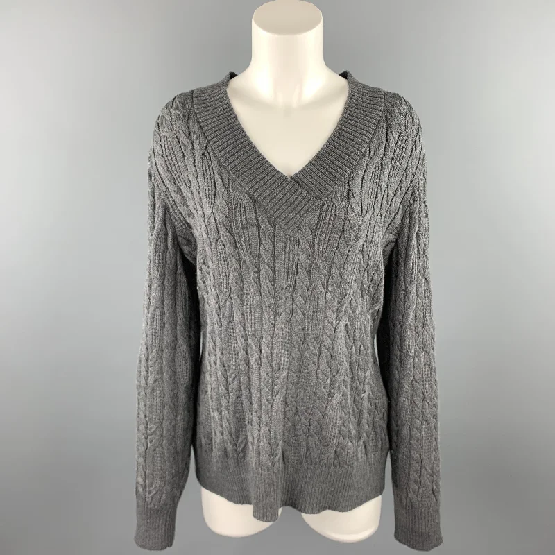 ST. JOHN SPORT Size L Grey Cable Knit Wool Blend V-Neck Sweater