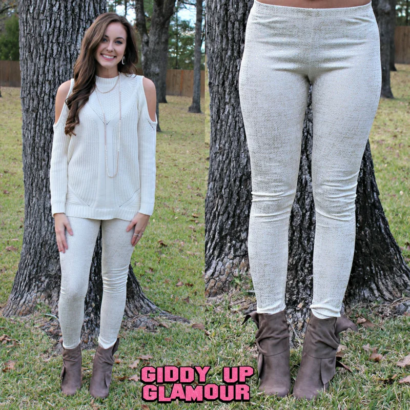 Star Struck Gold Foil Leggings in Ivory Trendy High-Waist Tummy Control Leggings