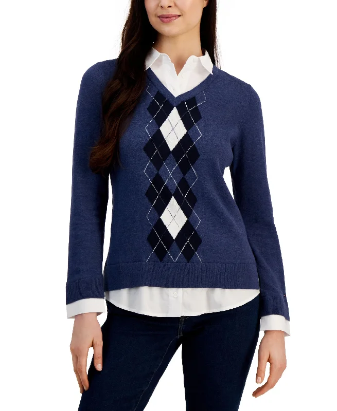 Tommy Hilfiger Womens Cotton Argyle Print Layered Look Sweater Herringbone Houndstooth Plaid Tommy Hilfiger Womens Cotton Argyle Print Layered Look Sweater Herringbone Houndstooth Plaid