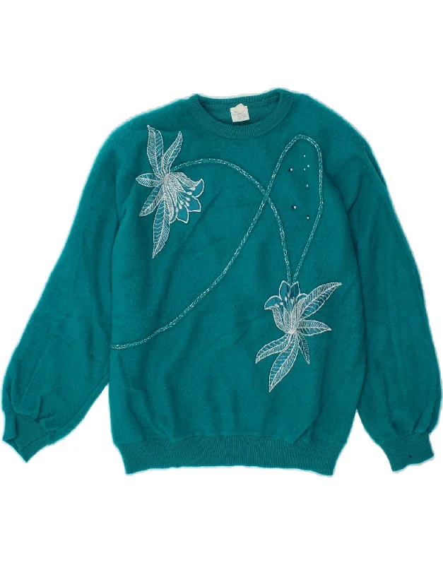 VINTAGE Womens Crew Neck Jumper Sweater IT 44/46 Large Blue Floral Acrylic Tailored Straight A-Line VINTAGE Womens Crew Neck Jumper Sweater IT 44/46 Large Blue Floral Acrylic Tailored Straight A-Line