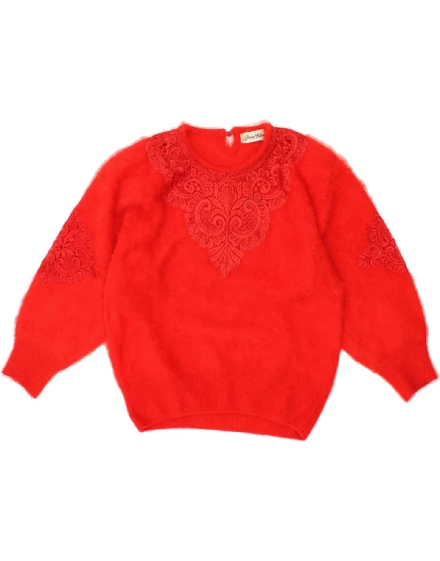 VINTAGE Womens Crew Neck Jumper Sweater UK 14 Medium Red Floral Angora Graphic Sweater Embroidered Appliqued VINTAGE Womens Crew Neck Jumper Sweater UK 14 Medium Red Floral Angora Graphic Sweater Embroidered Appliqued