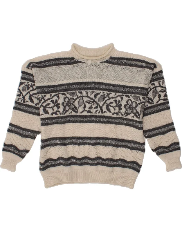 VINTAGE Womens Crew Neck Jumper Sweater UK 16 Large Off White Floral Ribbed Striped Patterned VINTAGE Womens Crew Neck Jumper Sweater UK 16 Large Off White Floral Ribbed Striped Patterned