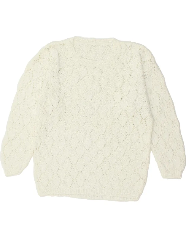 VINTAGE Womens Crew Neck Jumper Sweater UK 16 Large White Argyle/Diamond Elasticated Padded Insulated VINTAGE Womens Crew Neck Jumper Sweater UK 16 Large White Argyle/Diamond Elasticated Padded Insulated