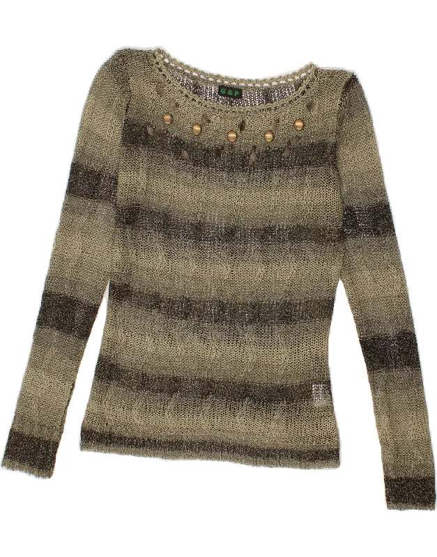 VINTAGE Womens Crop Boat Neck Jumper Sweater UK 10 Small Beige Striped Boxy Sweater Fitted Sweater A-Line VINTAGE Womens Crop Boat Neck Jumper Sweater UK 10 Small Beige Striped Boxy Sweater Fitted Sweater A-Line