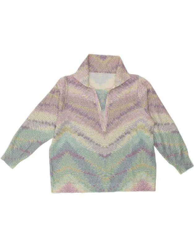 VINTAGE Womens Polo Neck Jumper Sweater UK 14 Medium Multicoloured Chevron Ribbed Striped Patterned VINTAGE Womens Polo Neck Jumper Sweater UK 14 Medium Multicoloured Chevron Ribbed Striped Patterned