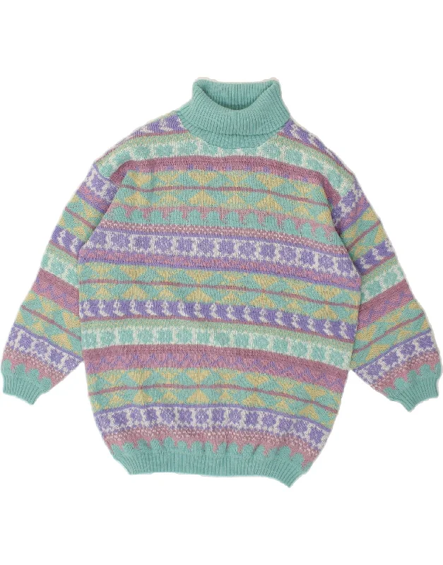 VINTAGE Womens Roll Neck Jumper Sweater UK 10 Small Turquoise Fair Isle Cable Knit Ribbed Knit Lace Knit VINTAGE Womens Roll Neck Jumper Sweater UK 10 Small Turquoise Fair Isle Cable Knit Ribbed Knit Lace Knit