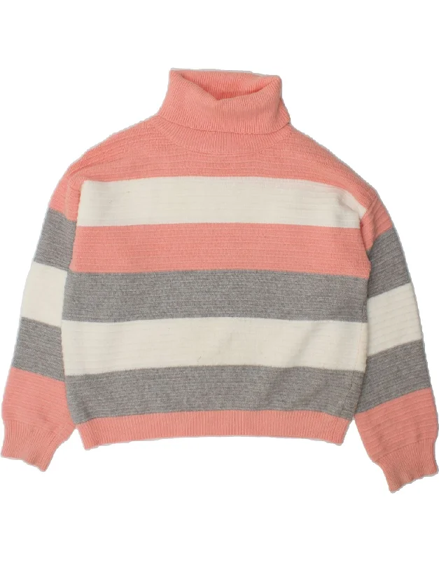 VINTAGE Womens Roll Neck Jumper Sweater UK 12 Medium Pink Striped Viscose Hooded Sweater Collared Sweater Shawl Collar VINTAGE Womens Roll Neck Jumper Sweater UK 12 Medium Pink Striped Viscose Hooded Sweater Collared Sweater Shawl Collar