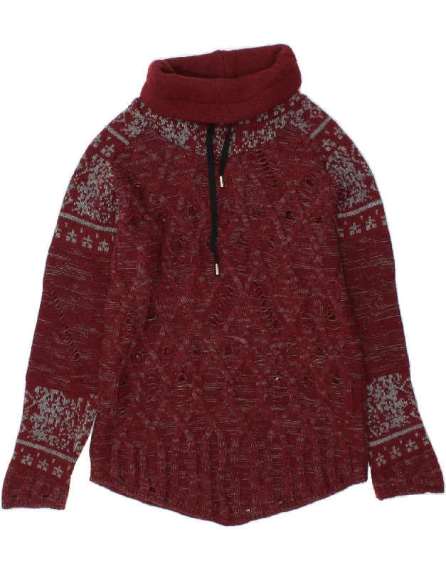 VINTAGE Womens Roll Neck Jumper Sweater UK 14 Large Maroon Fair Isle Wool Print Jacquard Patchwork VINTAGE Womens Roll Neck Jumper Sweater UK 14 Large Maroon Fair Isle Wool Print Jacquard Patchwork
