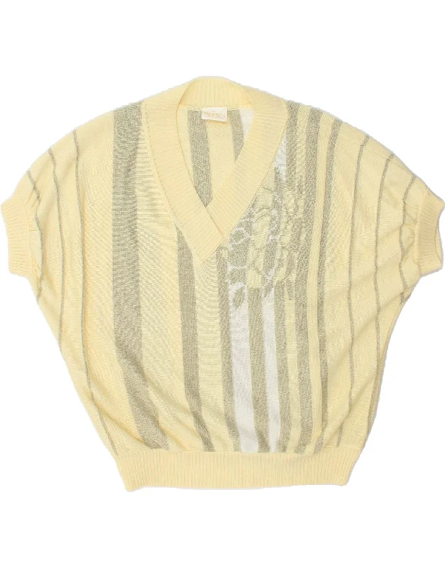 VINTAGE Womens Short Sleeve V-Neck Jumper Sweater IT 54 3XL Yellow Striped Striped Floral Plaid VINTAGE Womens Short Sleeve V-Neck Jumper Sweater IT 54 3XL Yellow Striped Striped Floral Plaid