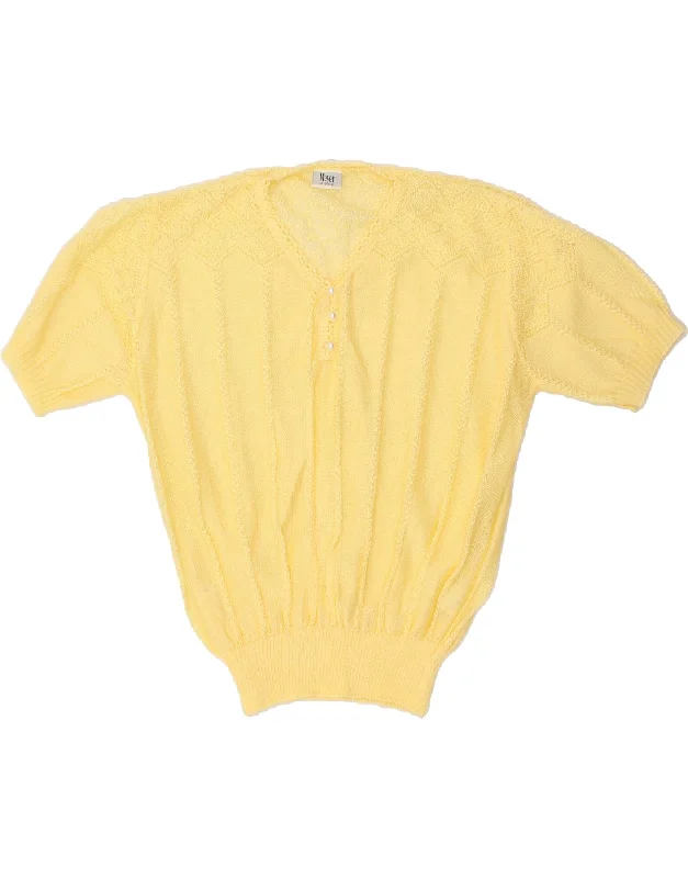 VINTAGE Womens Short Sleeve V-Neck Jumper Sweater UK 12 Medium Yellow Machine Wash Dry Clean Hand Wash VINTAGE Womens Short Sleeve V-Neck Jumper Sweater UK 12 Medium Yellow Machine Wash Dry Clean Hand Wash