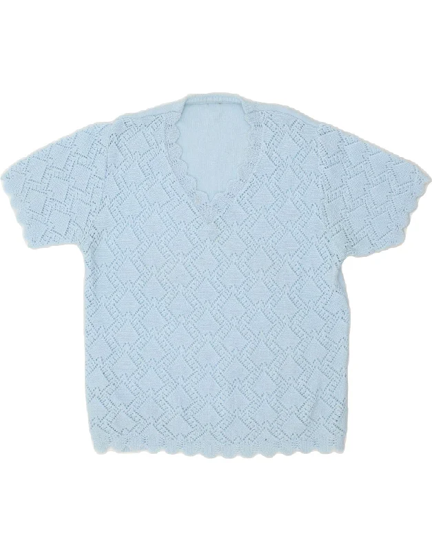 VINTAGE Womens Short Sleeve V-Neck Jumper Sweater UK 16 Large Blue Welt Pockets Slit Pockets Flap Pockets VINTAGE Womens Short Sleeve V-Neck Jumper Sweater UK 16 Large Blue Welt Pockets Slit Pockets Flap Pockets