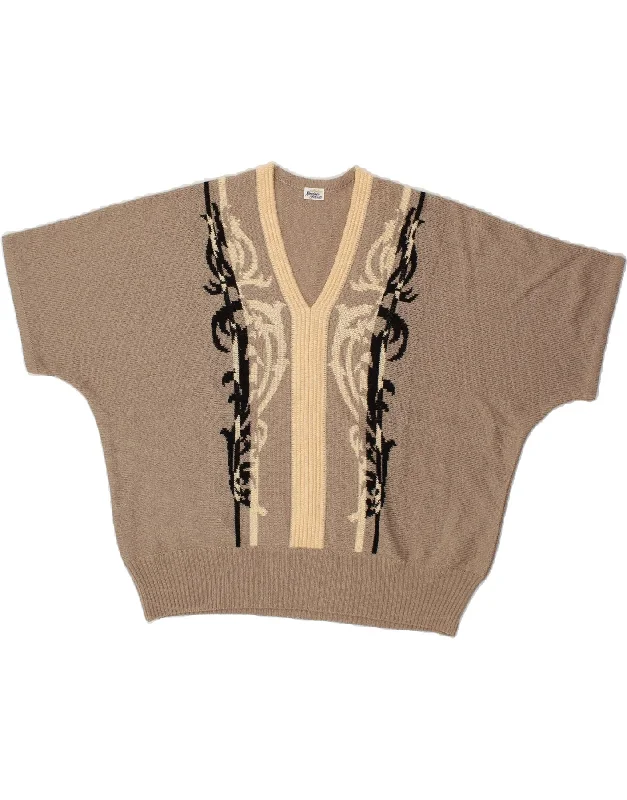 VINTAGE Womens Short Sleeve V-Neck Jumper Sweater UK 20 2XL Beige Paisley Mesh Blend Leather Blend Suede Blend VINTAGE Womens Short Sleeve V-Neck Jumper Sweater UK 20 2XL Beige Paisley Mesh Blend Leather Blend Suede Blend