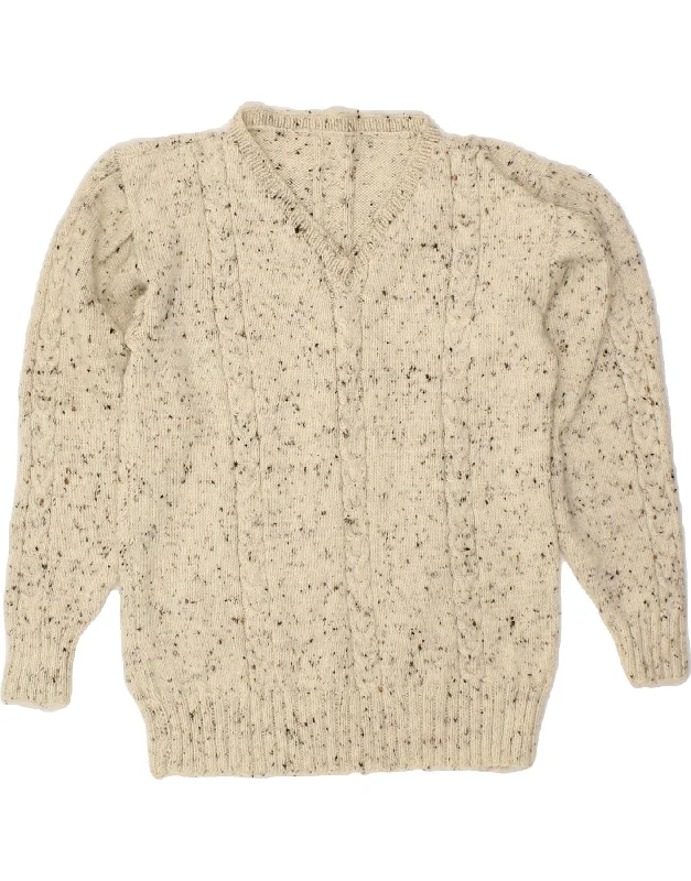 VINTAGE Womens V-Neck Jumper Sweater UK 12 Medium Beige Flecked Seamless Knitted Crochet VINTAGE Womens V-Neck Jumper Sweater UK 12 Medium Beige Flecked Seamless Knitted Crochet