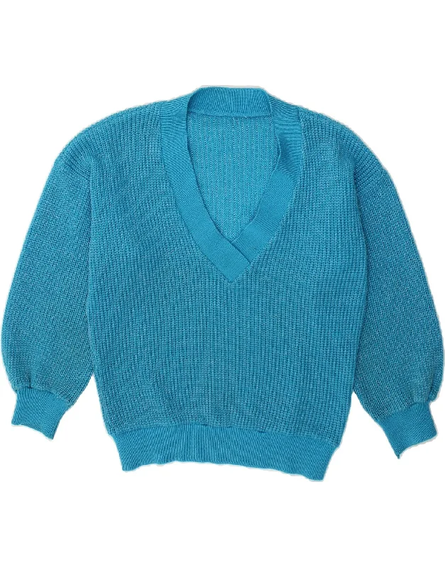 VINTAGE Womens V-Neck Jumper Sweater UK 16 Large Blue Satin Blend Silk Blend Wool Blend VINTAGE Womens V-Neck Jumper Sweater UK 16 Large Blue Satin Blend Silk Blend Wool Blend