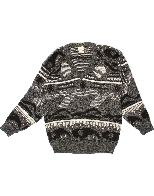 VINTAGE Womens V-Neck Jumper Sweater UK 16 Large Grey Fair Isle Acrylic Terry Terry Cloth Terry Knit VINTAGE Womens V-Neck Jumper Sweater UK 16 Large Grey Fair Isle Acrylic Terry Terry Cloth Terry Knit