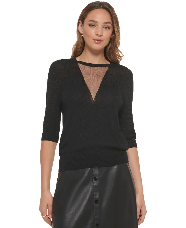 Women's Mesh V-Split Crewneck Elbow-Sleeve Sweater Spandex Blend Rayon Blend Denim Blend Women's Mesh V-Split Crewneck Elbow-Sleeve Sweater Spandex Blend Rayon Blend Denim Blend