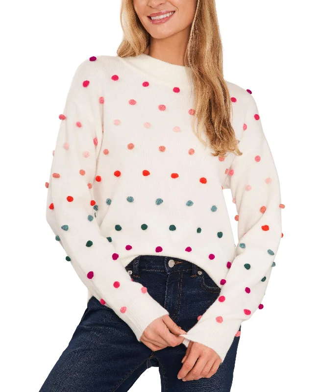 Women's Mock Neck Rainbow Pom Pom Sweater Plaid Sweater Polka Dot Checkered
