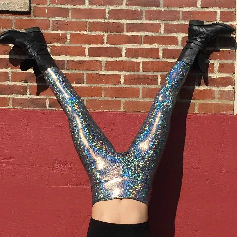 Women's Disco Silver Holographic Leggings - Dimensional Disco - Disco Ball Fashionable Sports Leggings Women's Disco Silver Holographic Leggings - Dimensional Disco - Disco Ball Fashionable Sports Leggings